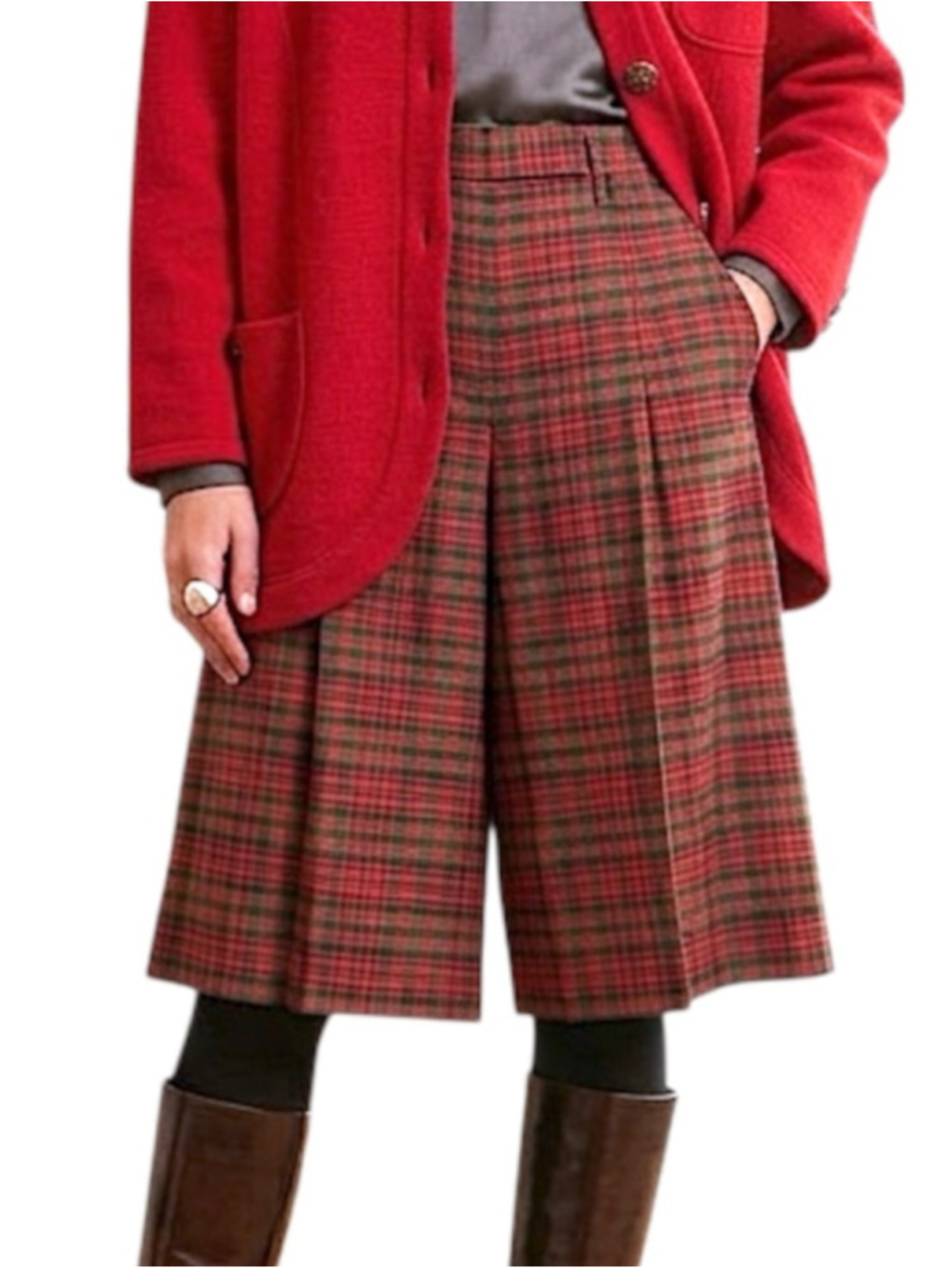 Vintage 80s 90s red plaid tartan pleated long shorts culottes split skirt 5/6